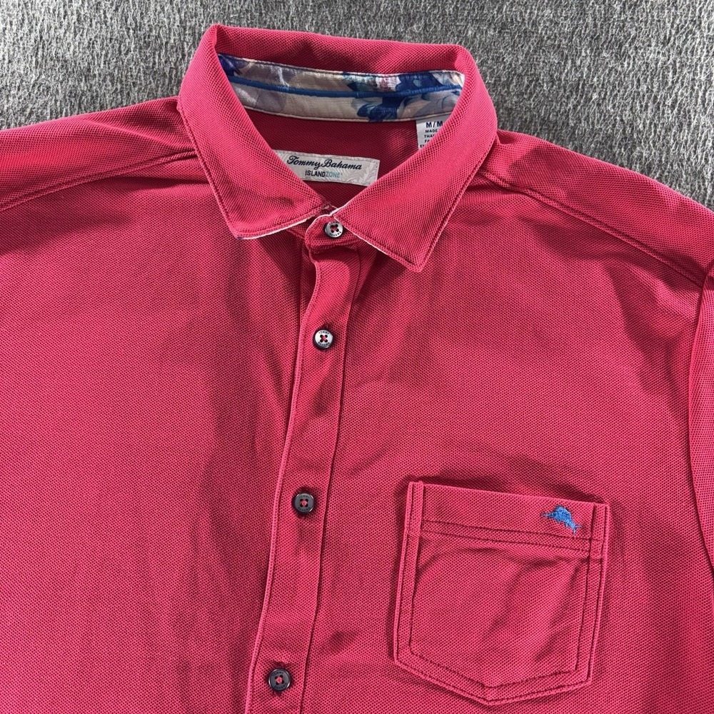 Tommy Bahama Shirt M Mens Pink Pique Knit Floral Trim Button Up IslandZone Camp